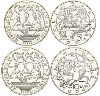 Сан-Марино набор 5 и 10 евро 2003 Олимпийские игры в Афинах 2004, виды спорта, в оригинальной коробке, с сертификатом KM 453, 454 серебро PROOF 7-1-64