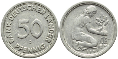 ФРГ 50 пфеннигов 1949 G KM 104, J. 379 медно-никель 4392-1024
