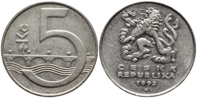 Чехия 5 крон 1993 чешский лев, Карлов мост KM 8 сталь плакированная никелем 4397-357