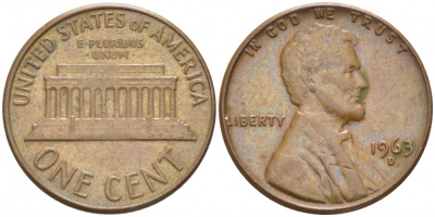 США 1 ЦЕНТ 1963 D, ЛИНКОЛЬН KM 201 медь цинк 3309-217