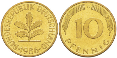 ФРГ 10 ПФЕННИГОВ 1986 G KM 108, J. 383 сталь плакированная латунью 4182-944