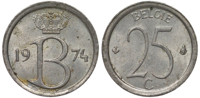 Бельгия 25 сантимов 1974 BELGIE KM 154 медно-никель 4124-542