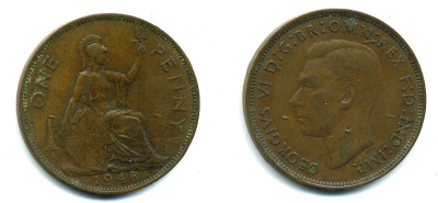 Великобритания 1 пенни 1948 Георг VI (1936-1952) KM 845, Spink 4114 бронза 57-215