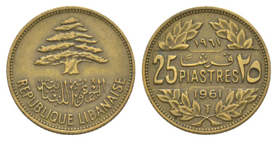 Ливан 25 пиастров 1961 кедровое дерево KM 16 алюминиевая бронза 27-1027