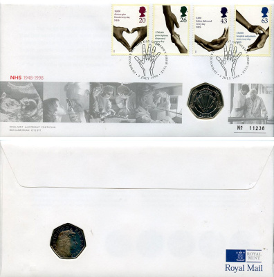 Великобритания 50 пенсов 1998 50 лет национальной службе здравоохранения, в оригинальном конверте, с марками, первый день гашения KM 996, Spink H10 медно-никель BU 4-3-8-01