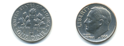 США 10 центов (дайм) 1966 Рузвельт KM 195а медь плакированная медно-никелем 89-525