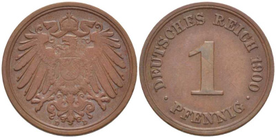 ГЕРМАНИЯ 1 ПФЕННИГ 1900 D KM 10, J. 10, Weege 2 медь 211-251