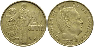 Монако 20 сантимов 1978 Ренье III (1949-2005) KM 143 алюминиевая бронза 4393-1245