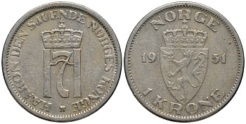 Норвегия 1 крона 1951 Хокон VII (1905-1957) KM 397.1 медно-никель 4577-744
