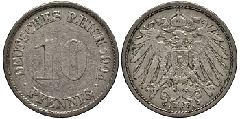 ГЕРМАНИЯ 10 ПФЕННИГОВ 1904 A KM 12, Jager 13, Weege 8 медно-никель 219-413