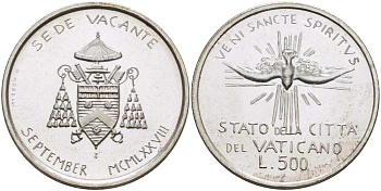Ватикан 500 лир 1978 вакантный престол (Sede Wacante) KM 141 серебро    4512-825