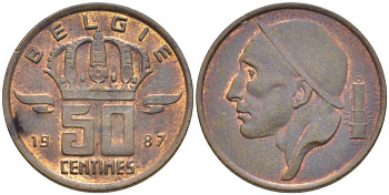 БЕЛЬГИЯ 50 САНТИМОВ 1987 BELGIE, БОДУЭН I (1951-1993) KM 149.1 бронза 116-1036