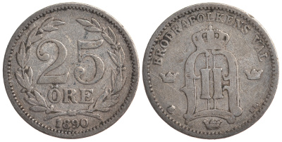 Швеция 25 эре 1890 EB, Оскар II (1872-1907) король Швеции и Норвегии KM 739 серебро 4179-822