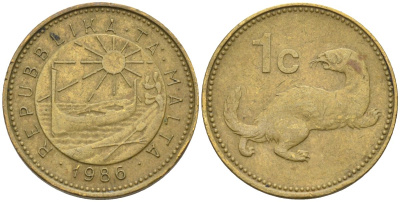 Мальта 1 цент 1986 ласка, горностай KM 78 никель латунь 4585-1125