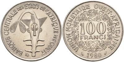 Валютное сообщество стран Западной Африки 100 франков 1980  KM 4 никель  UNC  4595-757