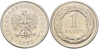 ПОЛЬША 1 ЗЛОТЫЙ 1992 MW KM 282 медно-никель 34-1256
