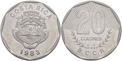 КОСТА-РИКА 20 КОЛОН 1983 v KM 216.1 нержавеющая сталь 82-134