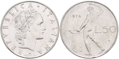 ИТАЛИЯ 50 ЛИР 1974 R, БОГ ОГНЯ ВУЛКАН У НАКОВАЛЬНИ KM 95.1 нержавеющая сталь 4551-357