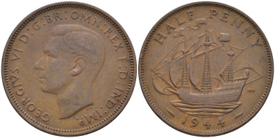 Великобритания 1/2 пенни 1944 Георг VI (1936-1952) KM 844, Spink 4115 бронза 4592-342