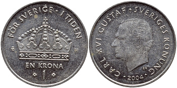 Швеция 1 крона 2004 Карл XVI Густав (1973- ) KM 894 медно-никель 261-954