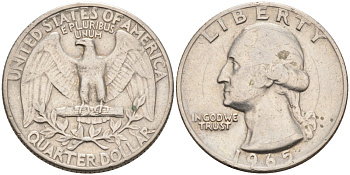США 25 центов (квотер) 1965 Вашингтон KM 164a медь плакированная медно-никелем 92-1216