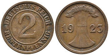 ГЕРМАНИЯ 2 РЕНТЕНПФЕННИГА 1923 D KM 31, J. 307 бронза 24-354