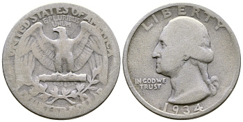 США 25 центов = квотер 1934 Вашингтон KM 164 серебро 259-516