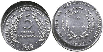 Бурунди 5 франков 1971 брак чекана KM 16 алюминий 1520-611