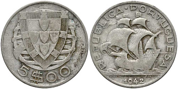 ПОРТУГАЛИЯ 5 ЭСКУДО 1942 ПАРУСНИК КМ 581 серебро 202-422