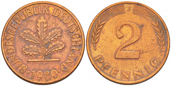 ФРГ 2 ПФЕННИГА 1980 J KM 106a, J.381a сталь плакированная сталь плакированная медьюю 4396-1612