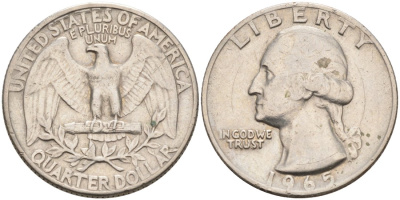 США 25 центов (квотер) 1965 Вашингтон KM 164a медь плакированная медно-никелем 92-1216