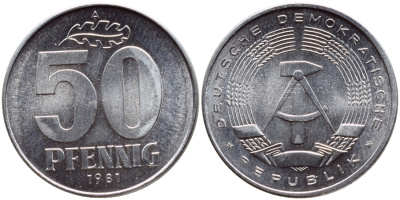 ГДР 50 пфеннигов 1981 А KM 12.2 алюминий UNC 4391-352