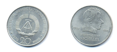 ГДР 20 марок 1972 А, Фридрих Шиллер (1759-1805) KM 40 медно-никель 3333-815