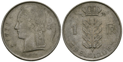 Бельгия 1 франк 1952 Belgique KM 142 медно-никель 4172-532