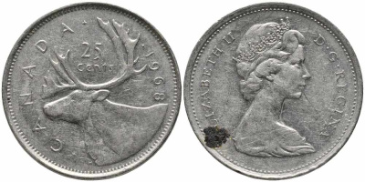 Канада 25 центов 1968 Елизавета II (1952-2022), олень KM 62 b никель 87-957