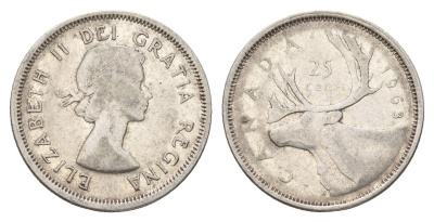 Канада 25 центов 1963 Елизавета II (1952-2022), олень KM 52 серебро 181-357