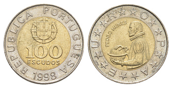 Португалия 100 эскудо 1998 Педру Нуниш (1502-1578), математик KM 645 биметалл 4391-517