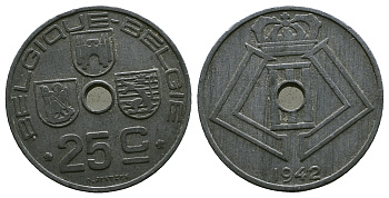 Бельгия 25 сантимов 1942 Belgique - Belgie, немецкая оккупация KM 131 цинк 259-946