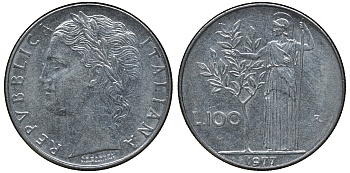 ИТАЛИЯ 100 ЛИР 1977 R , АФИНА KM 96.1 нержавеющая сталь 72-924