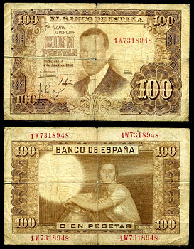 Испания 100 песет 1953 7 апреля 1953, Хулио Ромеро де Торрес Pick 145а бумага 7219-10-2-1