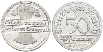 ГЕРМАНИЯ 50 ПФЕННИГОВ 1921 D KM 27, J. 301, Weege 10 алюминий 261-351