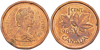 КАНАДА 1 ЦЕНТ 1984 КЛЕНОВЫЙ ЛИСТ, ЕЛИЗАВЕТА II (1953-) KM 132 бронза 201-1034