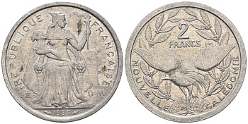 Французская Новая Каледония 2 франка 1983 птица кагу, (IEOM) KM 14, Schoen 11, Lec 63 алюминий    27-956