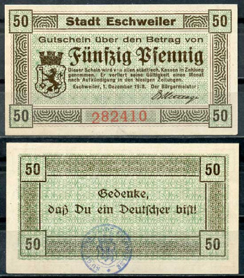 Германия, Эшвайлер 50 пфеннигов 1918 нотгельд, 1.12.1918 бумага UNC (пресс) 8614-47-2-1