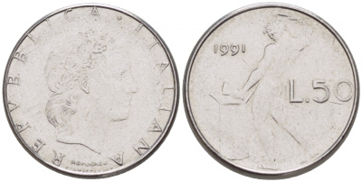 ИТАЛИЯ 50 ЛИР 1991 R КУЗНЕЦ KM 95.2 сталь 3955-621