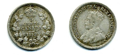 КАНАДА 5 ЦЕНТОВ 1912 ГЕОРГ V серебро 46-542