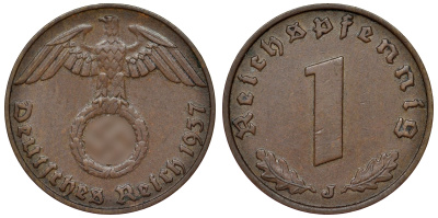 Германия 1 рейхспфенниг 1937 J KM 89, J. 361 бронза 4124-146