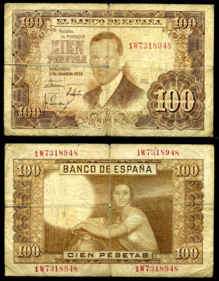 Испания 100 песет 1953 7 апреля 1953, Хулио Ромеро де Торрес Pick 145а бумага 7219-10-2-1
