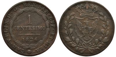 ИТАЛИЯ, САРДИНИЯ 1 ЧЕНТЕЗИМО 1826 EAGLE HEAD, P KM 98.2 медь 100-532