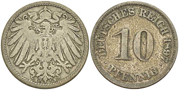Германия 10 пфеннигов 1897 A KM 12, J. 13, Weege 8 медно-никель 261-1313